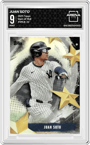 Juan Soto from the 2025 Topps set graded by Arena Club and given an overall grade of 9.
