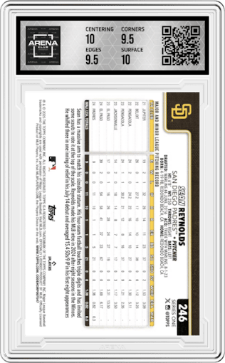 Sean Reynolds from the 2025 Topps set featuring a Silver Crackle Foilboard parallel graded by Arena Club and given an overall grade of 10.