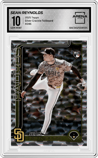 Sean Reynolds from the 2025 Topps set featuring a Silver Crackle Foilboard parallel graded by Arena Club and given an overall grade of 10.