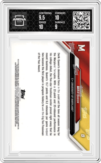 Derik Queen from the 2025 Bowman U Now NCAA March Madness set graded by Arena Club and given an overall grade of 9.5.