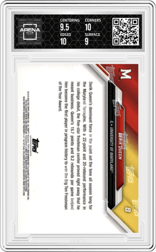 Derik Queen from the 2025 Bowman U Now NCAA March Madness set graded by Arena Club and given an overall grade of 9.5.