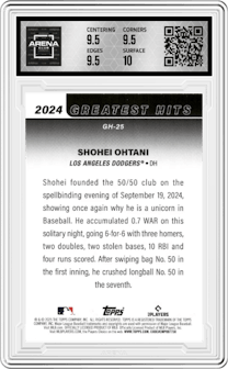 Shohei Ohtani from the 2025 Topps set graded by Arena Club and given an overall grade of 10.