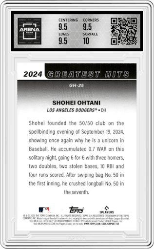 Shohei Ohtani from the 2025 Topps set graded by Arena Club and given an overall grade of 10.