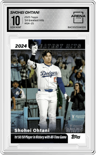 Shohei Ohtani from the 2025 Topps set graded by Arena Club and given an overall grade of 10.