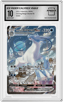Ice Rider Calyrex VMAX from the 2021 Pokemon SWSH set graded by Arena Club and given an overall grade of 10.