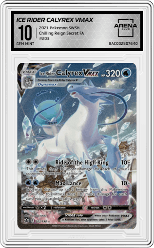 Ice Rider Calyrex VMAX from the 2021 Pokemon SWSH set graded by Arena Club and given an overall grade of 10.