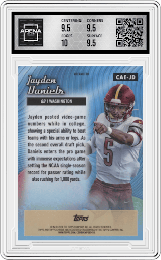 Jayden Daniels from the 2024 Topps Chrome set featuring a Refractor parallel graded by Arena Club and given an overall grade of 10.