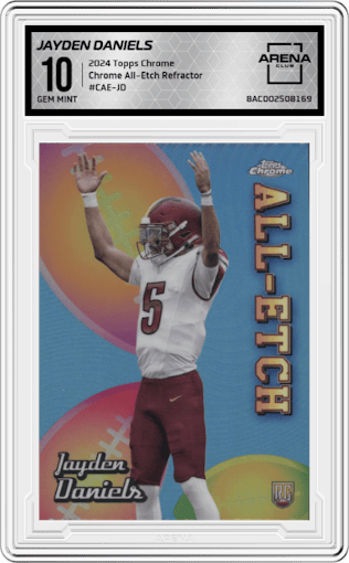 Jayden Daniels from the 2024 Topps Chrome set featuring a Refractor parallel graded by Arena Club and given an overall grade of 10.