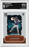 J.J. McCarthy from the 2024 Donruss Optic set graded by Arena Club and given an overall grade of 9.