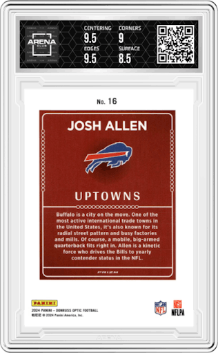 Josh Allen from the 2024 Donruss Optic set graded by Arena Club and given an overall grade of 9.