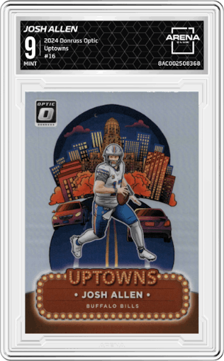 Josh Allen from the 2024 Donruss Optic set graded by Arena Club and given an overall grade of 9.