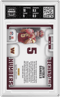 Jayden Daniels from the 2024 Panini Zenith set featuring a Blue parallel graded by Arena Club and given an overall grade of 9.