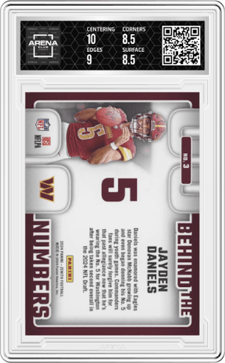 Jayden Daniels from the 2024 Panini Zenith set featuring a Blue parallel graded by Arena Club and given an overall grade of 9.