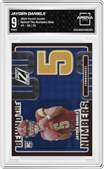 Jayden Daniels from the 2024 Panini Zenith set featuring a Blue parallel graded by Arena Club and given an overall grade of 9.