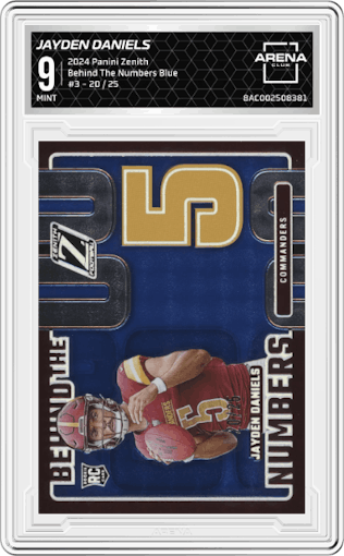 Jayden Daniels from the 2024 Panini Zenith set featuring a Blue parallel graded by Arena Club and given an overall grade of 9.
