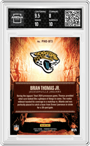 Brian Thomas Jr. from the 2024 Panini Phoenix set graded by Arena Club and given an overall grade of 8.5.