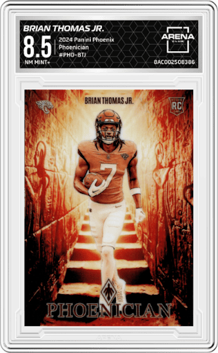 Brian Thomas Jr. from the 2024 Panini Phoenix set graded by Arena Club and given an overall grade of 8.5.