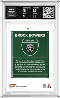 Brock Bowers from the 2024 Donruss Optic set graded by Arena Club and given an overall grade of 9.