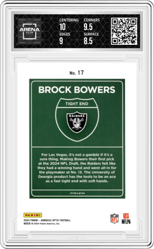 Brock Bowers from the 2024 Donruss Optic set graded by Arena Club and given an overall grade of 9.