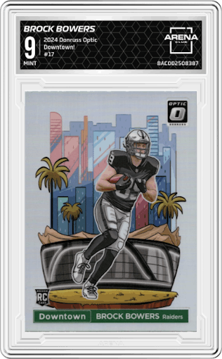 Brock Bowers from the 2024 Donruss Optic set graded by Arena Club and given an overall grade of 9.