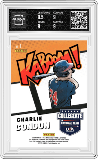 Charlie Condon from the 2024 Panini USA Baseball Stars & Stripes set graded by Arena Club and given an overall grade of 9.