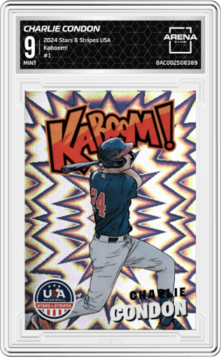 Charlie Condon from the 2024 Panini USA Baseball Stars & Stripes set graded by Arena Club and given an overall grade of 9.