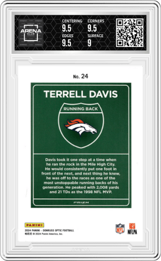 Terrell Davis from the 2024 Donruss Optic set graded by Arena Club and given an overall grade of 9.5.