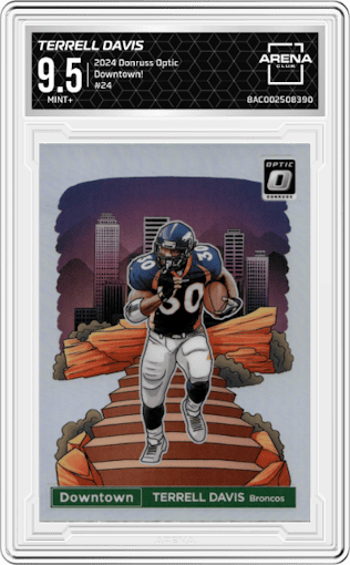 Terrell Davis from the 2024 Donruss Optic set graded by Arena Club and given an overall grade of 9.5.