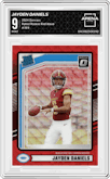 Jayden Daniels from the 2024 Donruss set featuring a Red Wave parallel graded by Arena Club and given an overall grade of 9.