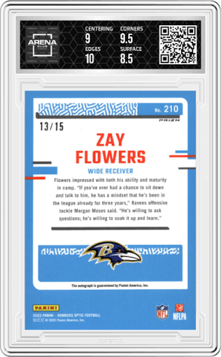 Zay Flowers  from the 2023 Donruss Optic set featuring a Ice parallel graded by Arena Club and given an overall grade of 9.