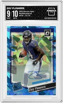 Zay Flowers  from the 2023 Donruss Optic set featuring a Ice parallel graded by Arena Club and given an overall grade of 9.