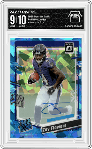 Zay Flowers  from the 2023 Donruss Optic set featuring a Ice parallel graded by Arena Club and given an overall grade of 9.