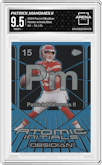 Patrick Mahomes II from the 2024 Panini Obsidian set featuring a Blue parallel graded by Arena Club and given an overall grade of 9.5.