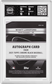 Wyatt Langford from the 2025 Topps Chrome Black set featuring a Blue Refractor parallel graded by Arena Club and given an overall grade of 9.5.