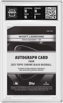 Wyatt Langford from the 2025 Topps Chrome Black set featuring a Blue Refractor parallel and given an overall grade of 9.5.