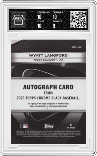 Wyatt Langford from the 2025 Topps Chrome Black set featuring a Blue Refractor parallel graded by Arena Club and given an overall grade of 9.5.