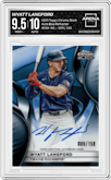 Wyatt Langford from the 2025 Topps Chrome Black set featuring a Blue Refractor parallel graded by Arena Club and given an overall grade of 9.5.