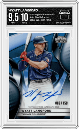 Wyatt Langford from the 2025 Topps Chrome Black set featuring a Blue Refractor parallel graded by Arena Club and given an overall grade of 9.5.
