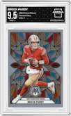 Brock Purdy from the 2024 Panini Mosaic set graded by Arena Club and given an overall grade of 9.5.