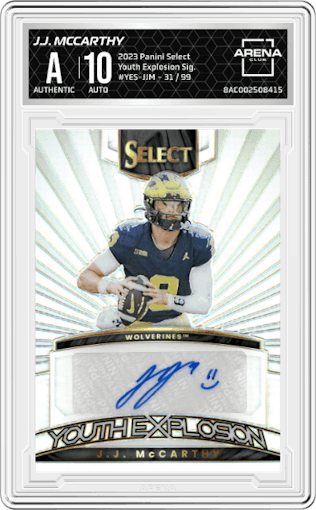 J.J. McCarthy from the 2023 Panini Select set graded by Arena Club.