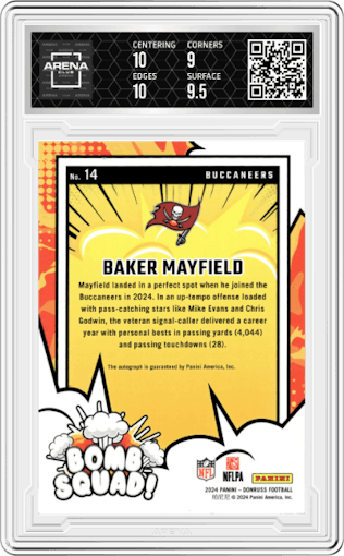 Baker Mayfield from the 2024 Donruss set graded by Arena Club and given an overall grade of 9.5.