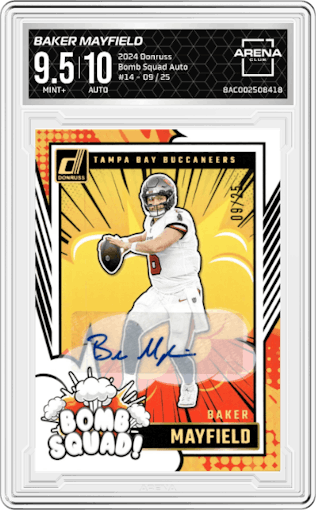 Baker Mayfield from the 2024 Donruss set graded by Arena Club and given an overall grade of 9.5.