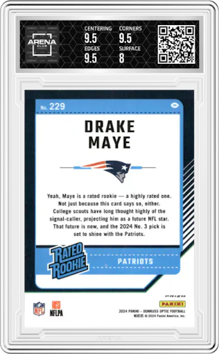 Drake Maye from the 2024 Donruss Optic set featuring a Blue Glitter parallel graded by Arena Club and given an overall grade of 8.5.