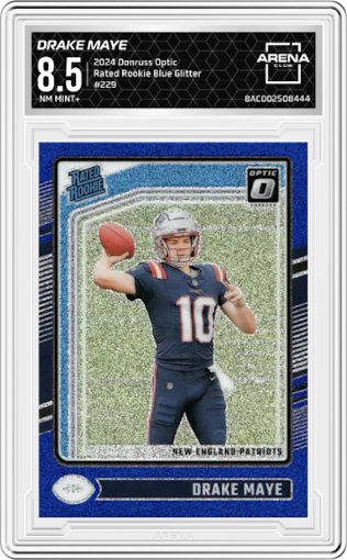 Drake Maye from the 2024 Donruss Optic set featuring a Blue Glitter parallel graded by Arena Club and given an overall grade of 8.5.
