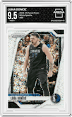 Luka Doncic from the 2024-25 Panini Prizm set featuring a White Sparkle Prizm parallel graded by Arena Club and given an overall grade of 9.5.