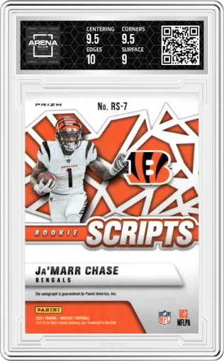 Ja'Marr Chase from the 2021 Panini Mosaic set graded by Arena Club and given an overall grade of 9.5.