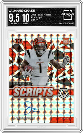 Ja'Marr Chase from the 2021 Panini Mosaic set graded by Arena Club and given an overall grade of 9.5.