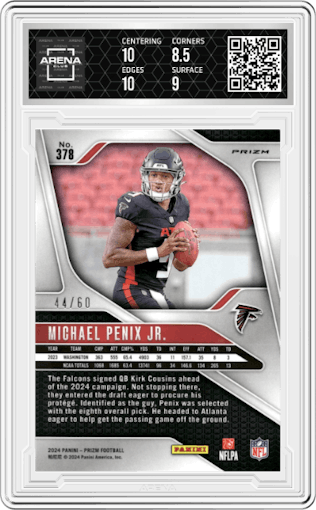 Michael Penix Jr. from the 2024 Panini Prizm set featuring a Orange Wave parallel graded by Arena Club and given an overall grade of 9.