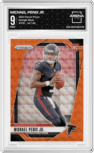 Michael Penix Jr. from the 2024 Panini Prizm set featuring a Orange Wave parallel graded by Arena Club and given an overall grade of 9.