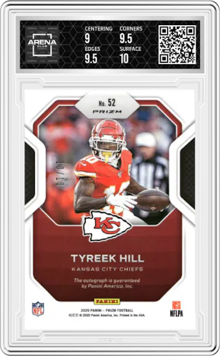 Tyreek Hill from the 2020 Panini Prizm set featuring a Red Shimmer parallel graded by Arena Club and given an overall grade of 9.5.